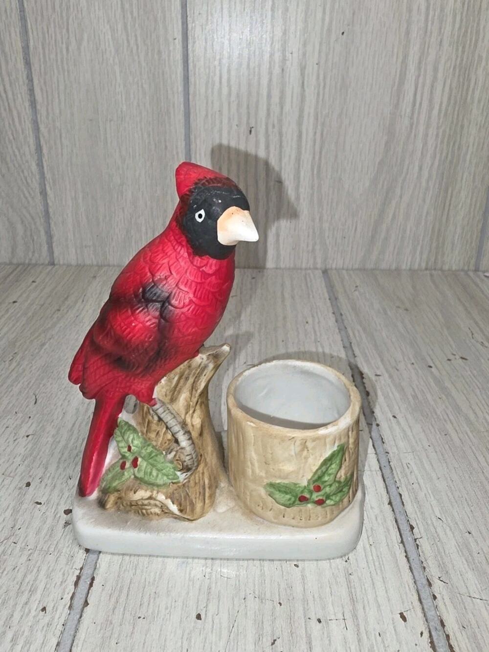 Vintage LUVKIN Song Bird Cardinal Figurine Hand Painted Bisque Holder